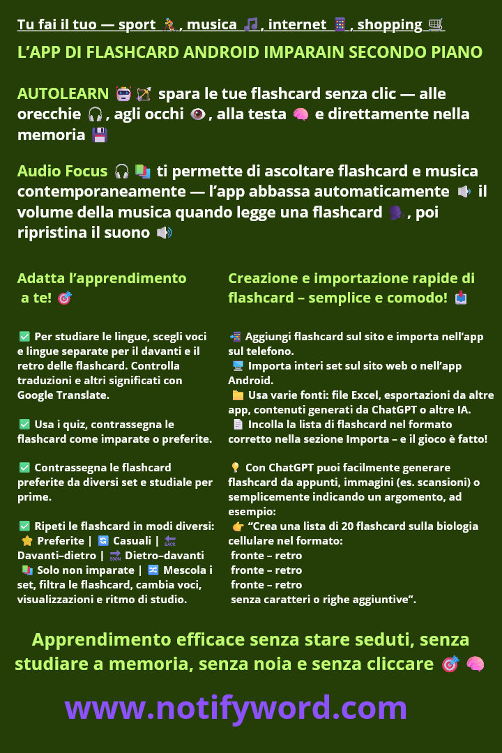 AUTOLEARN lancia le flashcard — nelle tue orecchie 🎧, nei tuoi occhi 👁️, nel tuo cervello 🧠 e direttamente nella tua memoria 💾